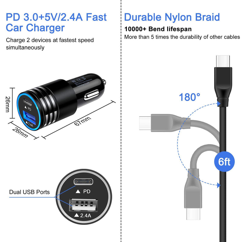 [Australia - AusPower] - USB C Fast Car Phone Charger, Dual USB Car Adapter Plug Compatible for Pad Pro 11"/12.9";Samsung Galaxy S22,S21FE 5G,A13,S20FE,A52,A12,A32,Note 20,10;Pixel 6,5,4A,3A;Oneplus Nord N200,6FT Type C Cable Black-PD 