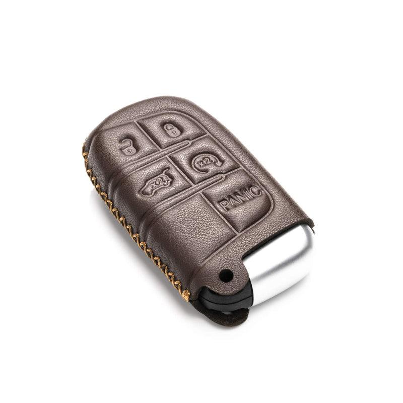 [Australia - AusPower] - Vitodeco Genuine Leather Smart Key Keyless Remote Entry Fob Case Cover with Key Chain for Jeep, Dodge, Chrysler (5 Buttons, Brown) 5 Buttons 