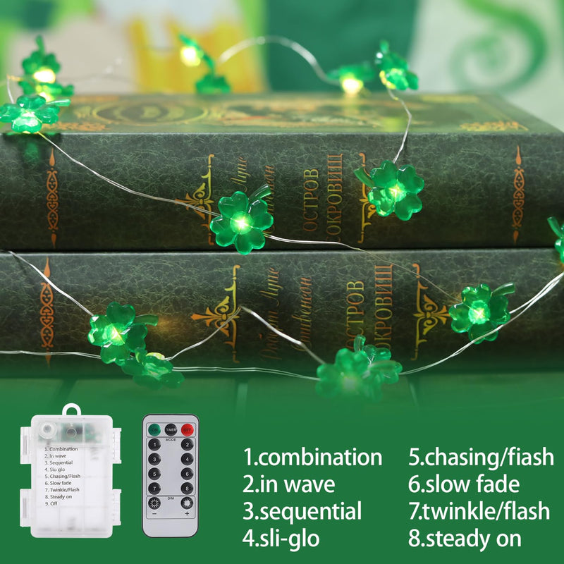 [Australia - AusPower] - Herzila St Patricks Day Decorations, 13FT 40 LEDs Green String Lights Battery Operated Shamrock Lights with Remote Control and Timer Lucky Clover Lights for St. Patrick's Day DÃ©cor 