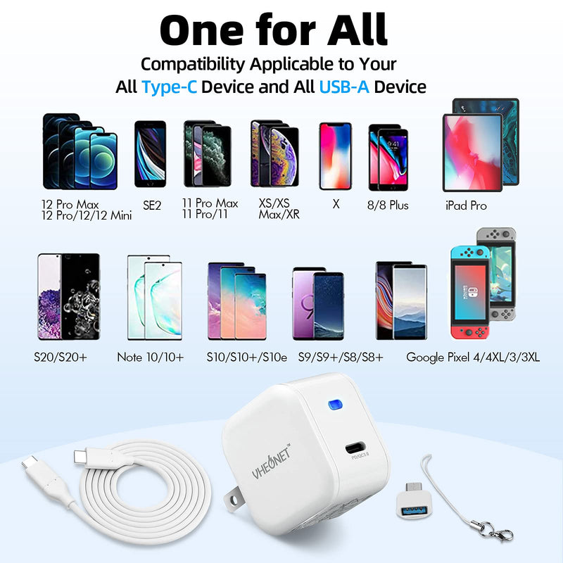[Australia - AusPower] - USB C Fast Charger, 20W PD 3.0 Wall Charger with 6.6ft USB C to C Cable,Type C Charger Power Adapter Charging Block for iPad Pro 12.9/11, Air 4, Pixel 5 4 3 2 XL 3A 4A, LG, Galaxy, Foldable Plug, LED 20w+Cable 