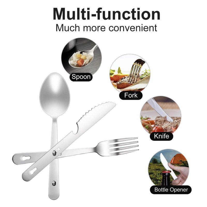[Australia - AusPower] - KINLINK 4-in-1 Camping Utensils 3-Pack, Portable Stainless Steel Spoon, Fork, Knife & Bottle Opener Combo Set, Travel/Camping/Hiking/Picnic/Barbecue/Outdoor Backpacking Utensils with Carrying Bag 
