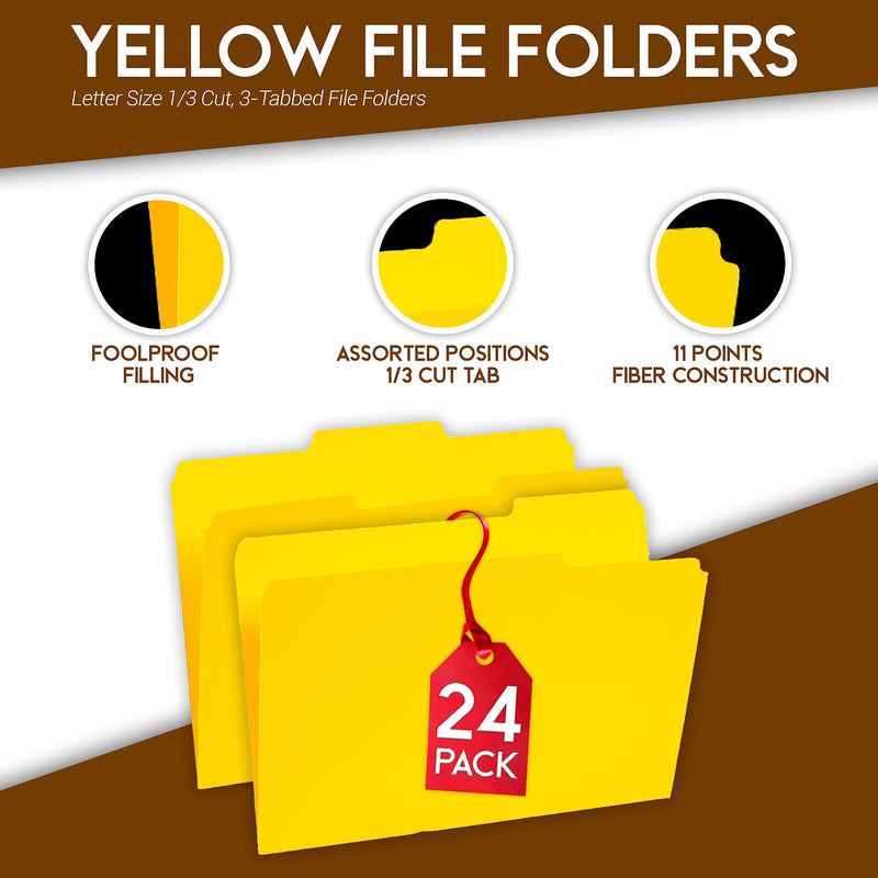 [Australia - AusPower] - 1InTheOffice Yellow File Folders Letter Size 1/3 Cut, 3-Tabbed File Folders, Letter Size File, "24Pack" 