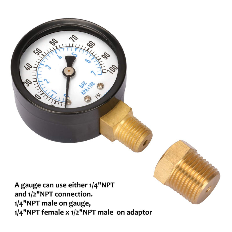 [Australia - AusPower] - Measureman 2" Well Pump Pressure Gauge, 0-100psi/bar, 1/4"NPT Male with 1/2"NPT Adaptor, 3-2-3% Accuracy 2" 0-100 psi 