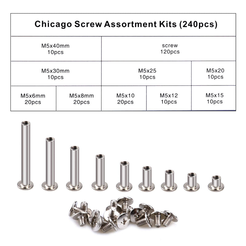 [Australia - AusPower] - ZOOKOTO 9 Sizes Stud Screw Posts Rivet 240PCS Chicago Binding Screws Assorted Kit (M5x6mm/8mm/10mm/12mm/15mm/20mm/25mm/30mm Screwx120pcs) 240pcs(120-Screw) 