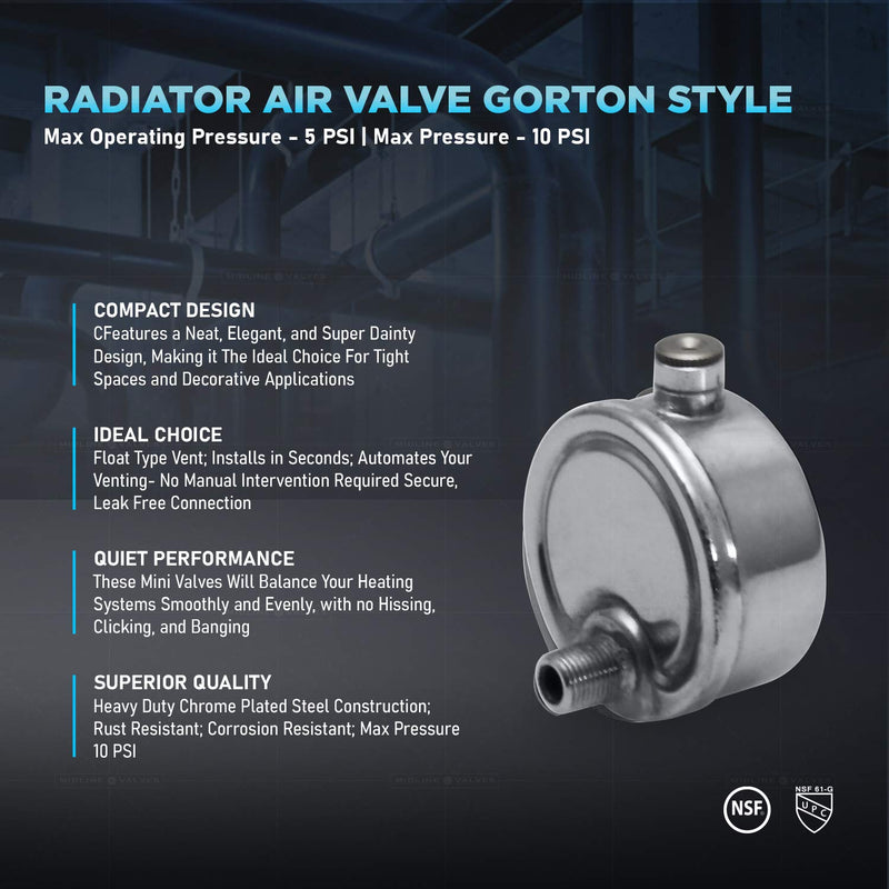 [Australia - AusPower] - Midline Valve HBW-6B18-5 Steam Air Vent #6 Heat Regulator Valve; Angle Mount; 1/8 in. NPT; Chrome Plated Steel (5 Pack) #6 Heat Angle Mount 