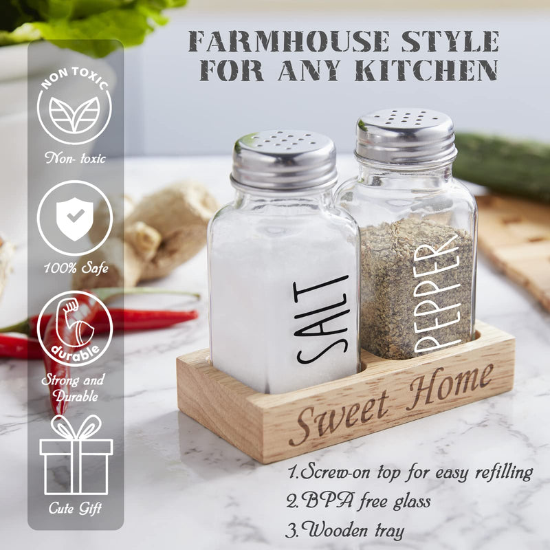 [Australia - AusPower] - Farmhouse Salt and Pepper Shakers with Holder - Dopeca Glass Salt and Pepper Set with Wood Tray for Kitchen Counter or Table - Farmhouse Rustic Kitchen Decor and Gifts - Easy Refilling-2.7 oz Clear 