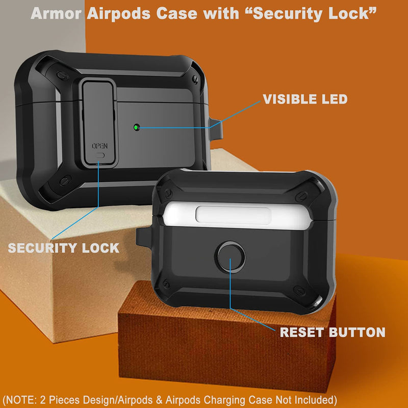 [Australia - AusPower] - Wonjury for Airpods Pro Case Cover for Men with Lock, Military Armor Series Full-Body AirPod Pro Case with Keychain Cool Air Pod Pro Shockproof Protective Case for AirPods Pro 2019, Black #Black 