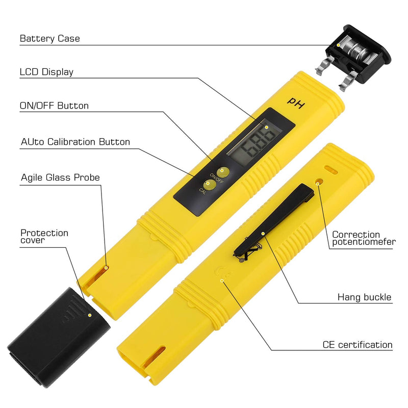 [Australia - AusPower] - PH Meter for Water Hydroponics Digital PH Tester Pen 0.01 High Accuracy Pocket Size with 0-14 PH Measurement Range for Household Drinking, Pool and Aquarium (Yellow) Yellow 