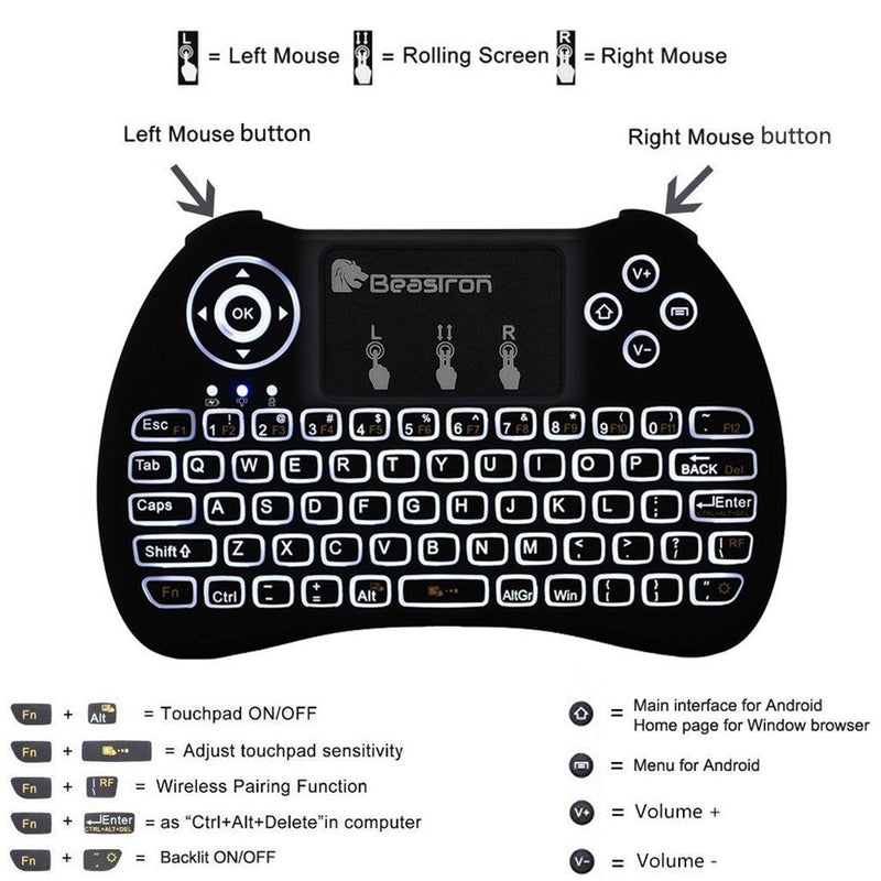 [Australia - AusPower] - Beastron 2.4G Mini Wireless Keyboard with Touchpad＆QWERTY Keyboard, Backlit Portable Keyboard Wireless with Remote Control for Laptop,PC,Tablets,Pad,Google Android TV,Xbox,PS3/4 .Black 