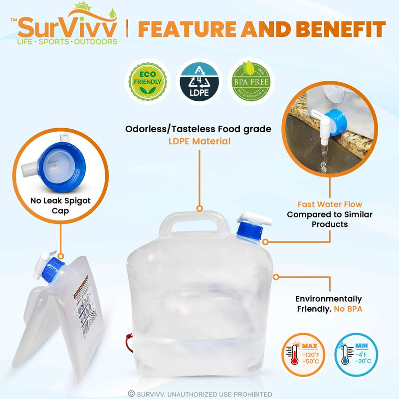 [Australia - AusPower] - SurVivv Collapsible Water Container with Spigot, BPA Free, Food Safe Camping Water Storage Cube Jug for Outdoor Hiking Hurricane & Emergency Survival Kit, Portable Foldable Canteen (2.6 / 5.3 Gal) (2.6Gal/10L -- 1-pack) 