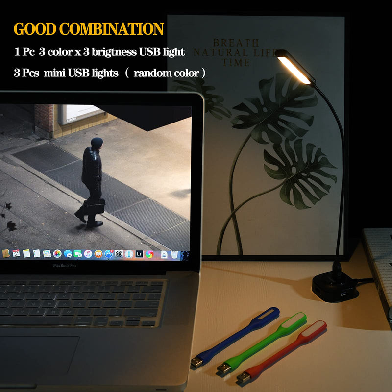 [Australia - AusPower] - USB Reading Light, Laptop Light,Keyboard Light for Computer Adjustable Gooseneck, 3 Color x 3 Brightness USB Lamp/1pc + 3pcs Mini LED Lights (1 + 3) 