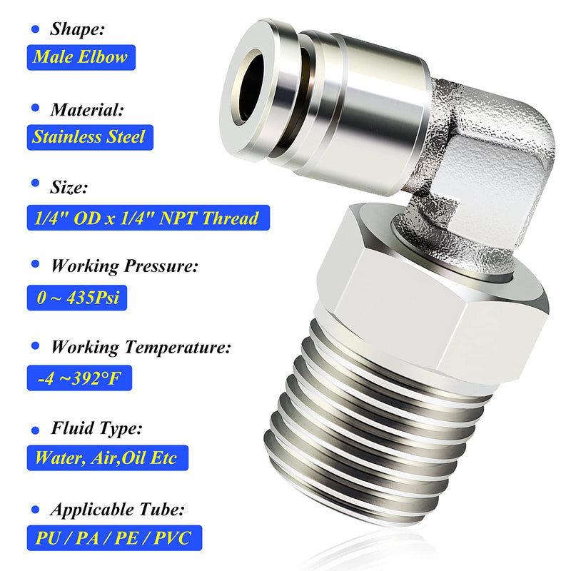 [Australia - AusPower] - TAILONZ PNEUMATIC 304 Stainless Steel Male Elbow - 1/4 Inch Tube OD x 1/4 Inch NPT Thread Push to Connect Tube Fitting PL-1/4-N2 (Pack of 5) 1/4''OD 1/4''NPT 