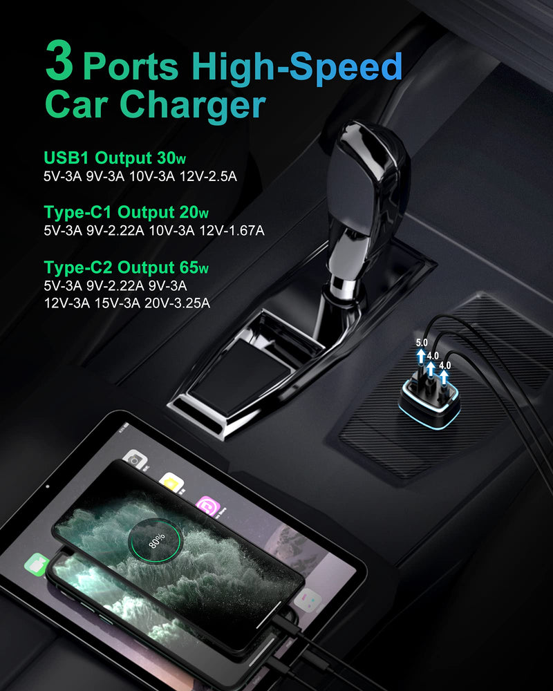[Australia - AusPower] - USB C Car Charger 115W, KENREE 3 Ports USB C USB A Car Charger PD 65W 45W QC 20W Fast Car Charger for iPhone 12/13 Pro Max XR 7 8, Samsung Galaxy S21 Ultra Note 