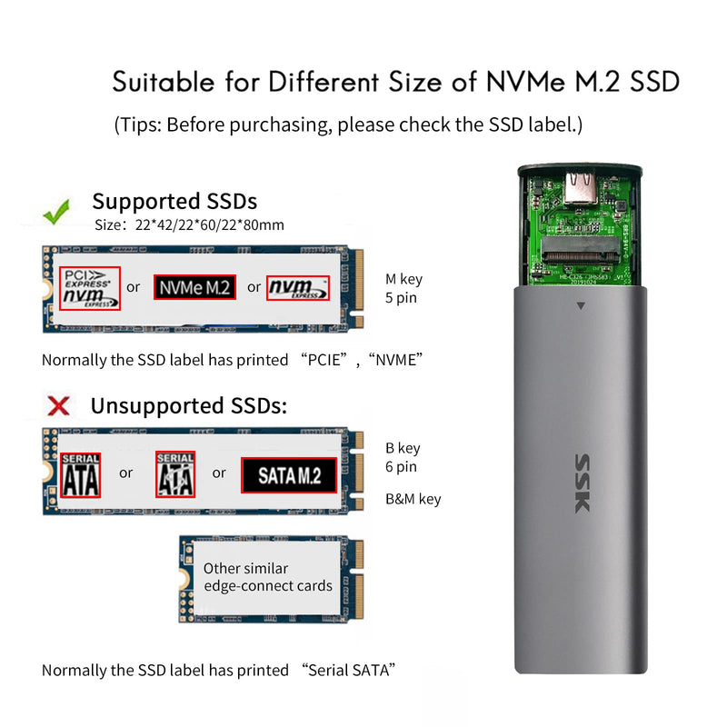 [Australia - AusPower] - SSK Aluminum USB C to M.2 NVMe SSD Tool-Free Enclosure Reader, USB 3.1/3.2 Gen 2(10Gbps) to NVMe PCI-E M-Key Solid State Drive External Adapter Support UASP Trim (Fits only NVMe SSDs 2242/2260/2280) grey 