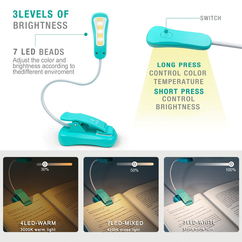 [Australia - AusPower] - Vekkia/LuminoLite Rechargeable Book Light, 3 Colortemperature × 3 Brightness, Reading Lights for Reading in Bed, Up to 70 Hours Lighting, Great for Readers, Kids & Travel (Turquoise) Blue 
