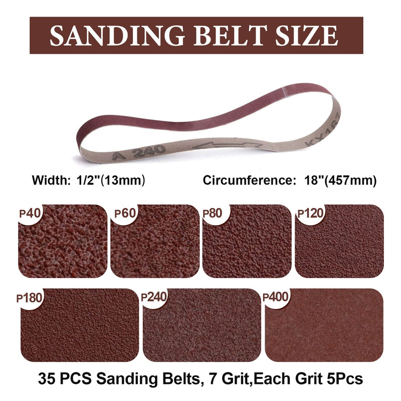 [Australia - AusPower] - 35PCS 1/2 x 18 Inch Sanding Belts Set, 40/60/80/120/180/240/400 Each of 5, Flat Seam Sanding Belt Kit for Air Belt Sander Assorted for Woodworking, Metal Polishing Aluminum Oxide Sanding Belt 