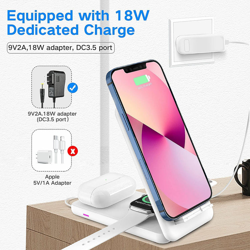 [Australia - AusPower] - Wireless Charger, Mildily Foldable 3 in 1 Fast Wireless Charging Station for iPhone 13/12/11 Series/XR/X/Xs/XS Max/8/8 Plus, Charging Stand Dock for iWatch, AirPods Pro/2(White) 