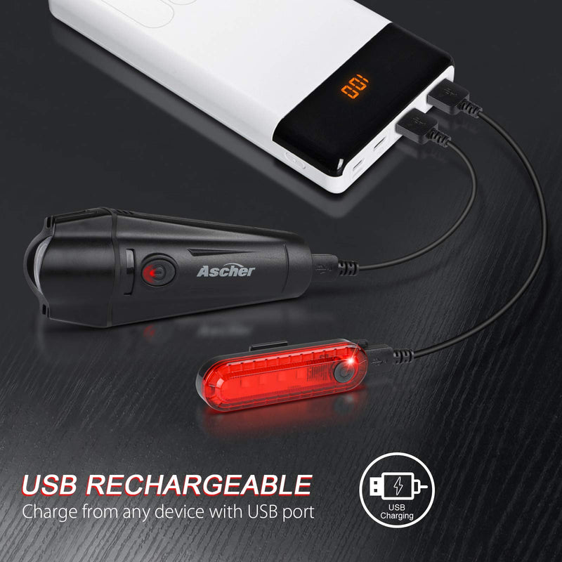 [Australia - AusPower] - Ascher Ultra Bright USB Rechargeable Bike Light Set, Powerful Bicycle Front Headlight and Back Taillight, 4 Light Modes, Easy to Install for Men Women Kids Road Mountain Cycling 