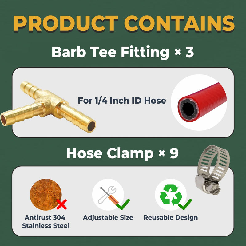 [Australia - AusPower] - LIONMAX Brass Hose Barb Tee Fittings 3 PCS, 3 Way Union Barb T Fitting, 1/4" x 1/4" x 1/4" ID Hose Barb, with 9 Hose Clamps, for Water/Fuel/Air 
