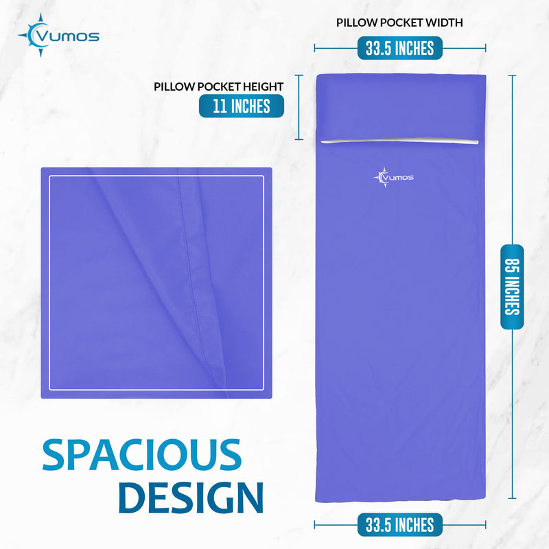 [Australia - AusPower] - Vumos Sleeping Bag Liner and Camping Sheet – Silk Like Material for Travel - Has Full Length Zipper Blue Single 