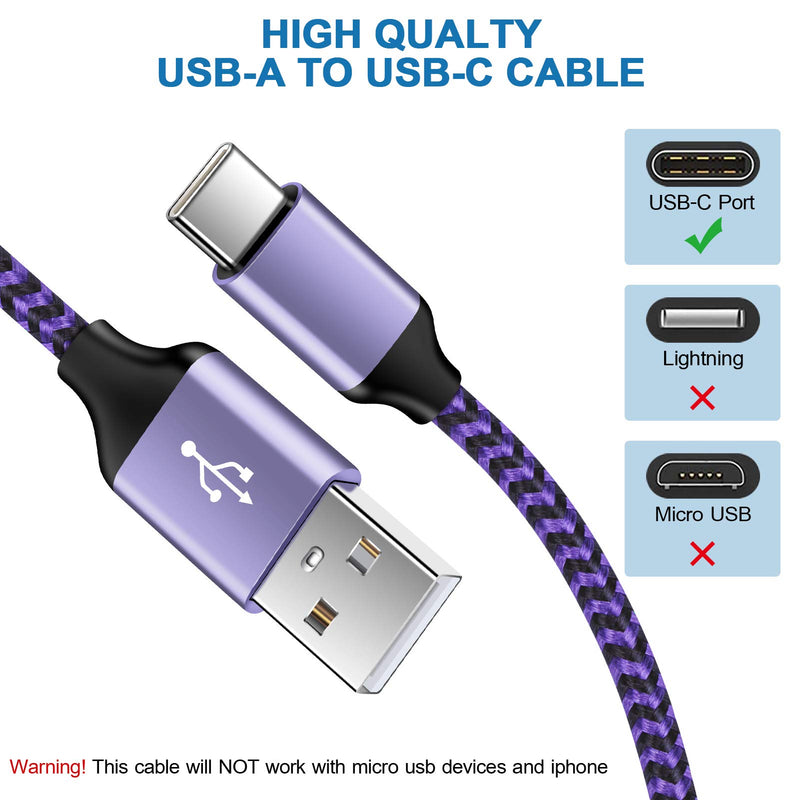 [Australia - AusPower] - Dual Charger Plug with Type C Nylon Braided Cords Compatible with Samsung Galaxy A32 5G A22 F22 Z Flip3 5G A12 Nacho Moto E20 E30 E40 G Pure Tab G20, 2 Cubes for Chargers USB C to USB A Cable 3ft+6ft 2x Charger Cubes, 2x Cables 3ft 6ft(purple) 