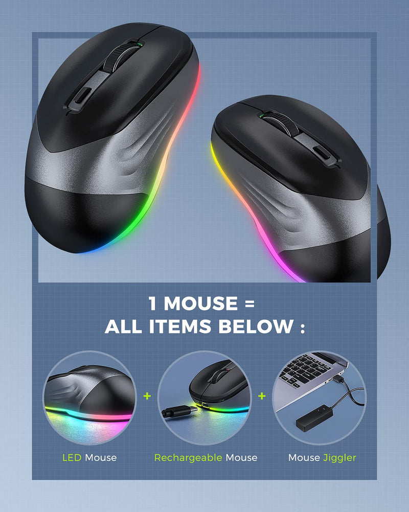 [Australia - AusPower] - Wireless Mouse, Jiggler Mouse for Laptop - LED Mouse Rechargeable Computer Mice Mouse Mover Undetectable Random Movement with On/Off Button Keeps Computer Awake - Black&Grey Black & Grey Mouse 