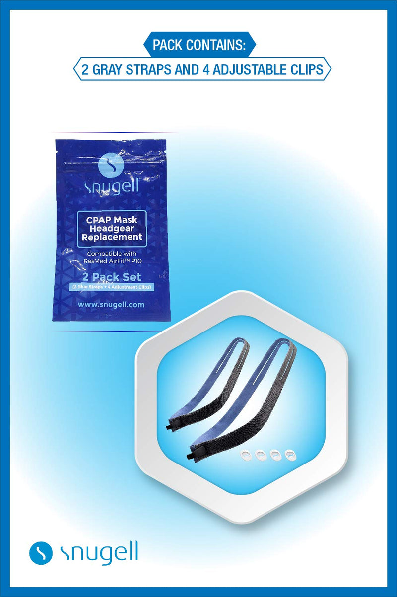 [Australia - AusPower] - Headgear Strap Replacement for ResMed AirFit P10™ Nasal Pillow CPAP Mask by Snugell™ | Blue Color | Pack of Two Straps | Includes Four Adjustment Clips | Durable Premium Material 