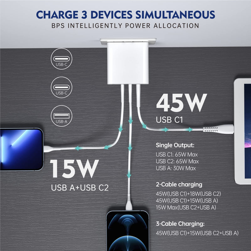 [Australia - AusPower] - USB C Charger, Cirtek 65W USB C Wall Charger Power Adapter Fast Charging Block 3 Ports Foldable Plug for iPhone 12/13 Pro Max/12/13Min,MacBook Air/Pro/iPad,Galaxy S20/S10/Note 10+/10 White Without Cable 