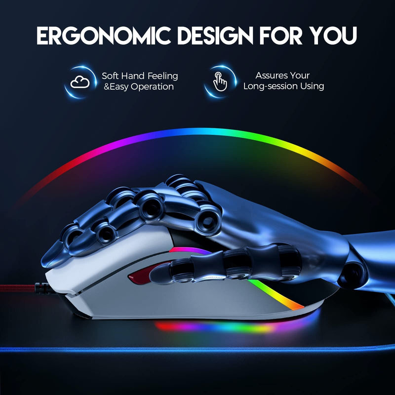 [Australia - AusPower] - EKSA Gaming Mouse Wired, USB Mice with 13 RGB Backlit, 6 Adjustable DPI Up to 12000, Tunable Weights Ergonomic Mouse ,7 Programmable Buttons, PC/Mac Computer White 