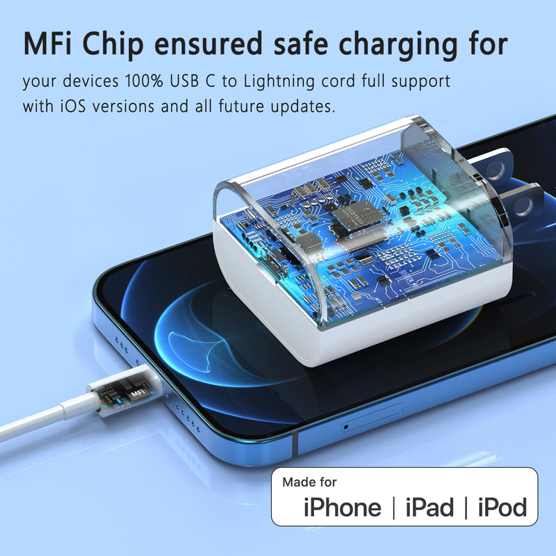 [Australia - AusPower] - iPhone Charger [Apple MFi Certified] 2 Pack 20W PD USB C Wall Fast Charger Adapter with 2 Pack 6FT Type C to Lightning Cable Compatible with iPhone 14 13 12 11 Pro Max XR XS X,iPad White 