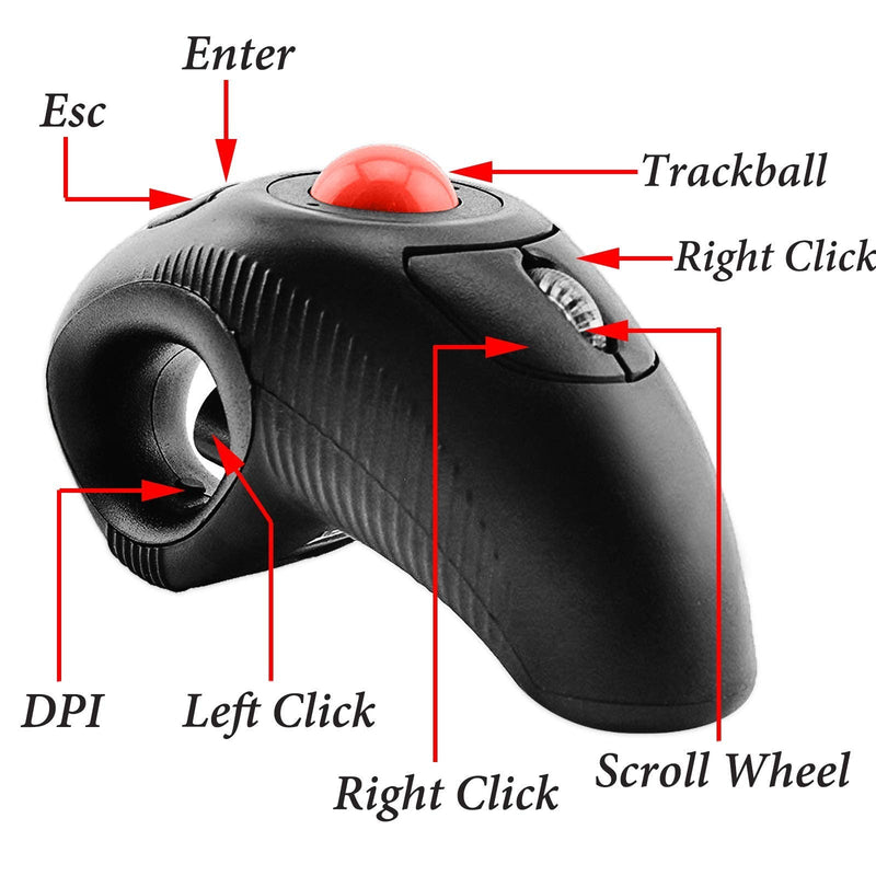 [Australia - AusPower] - EIGIIS 2.4G Ergonomic Trackball Finger Handheld USB Wireless Mouse for PC Laptop Mac Left and Right Handed User (Black Wireless Red TrackBall) Black Wireless Red TrackBall 