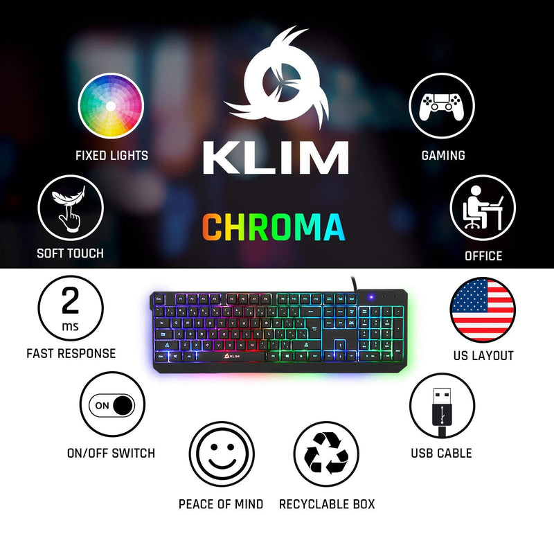 [Australia - AusPower] - KLIM Chroma Gaming Keyboard Wired USB + New 2022 Version + Durable, Ergonomic, Waterproof, Silent Keyboard + 2 ms Response Time + Backlit Keyboard for PC Mac PS4 PS5 Keyboard + Black 