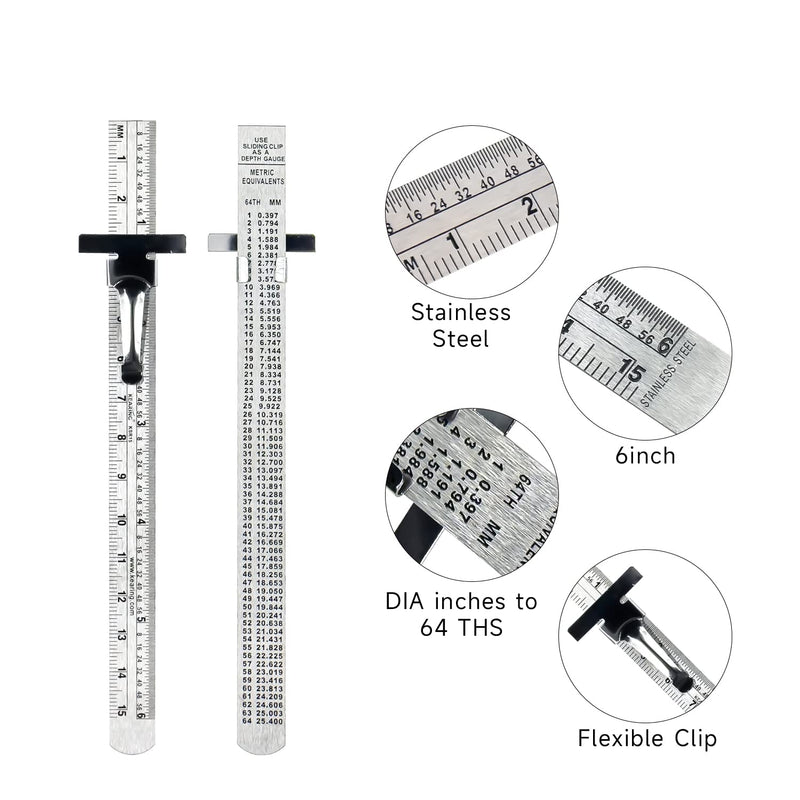 [Australia - AusPower] - KEARING Pocket Ruler Stainless Steel, 6 Inch Metal Ruler with Detachable Clips Imperial & Metric Graduations, 2 Pieces 