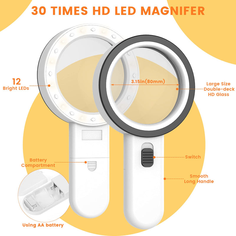 [Australia - AusPower] - AIXPI Magnifying Glass with Light, 30X Handheld Large Magnifying Glass 12 LED Illuminated Lighted Magnifier for Macular Degeneration Seniors Reading Inspection Coins Jewelry 