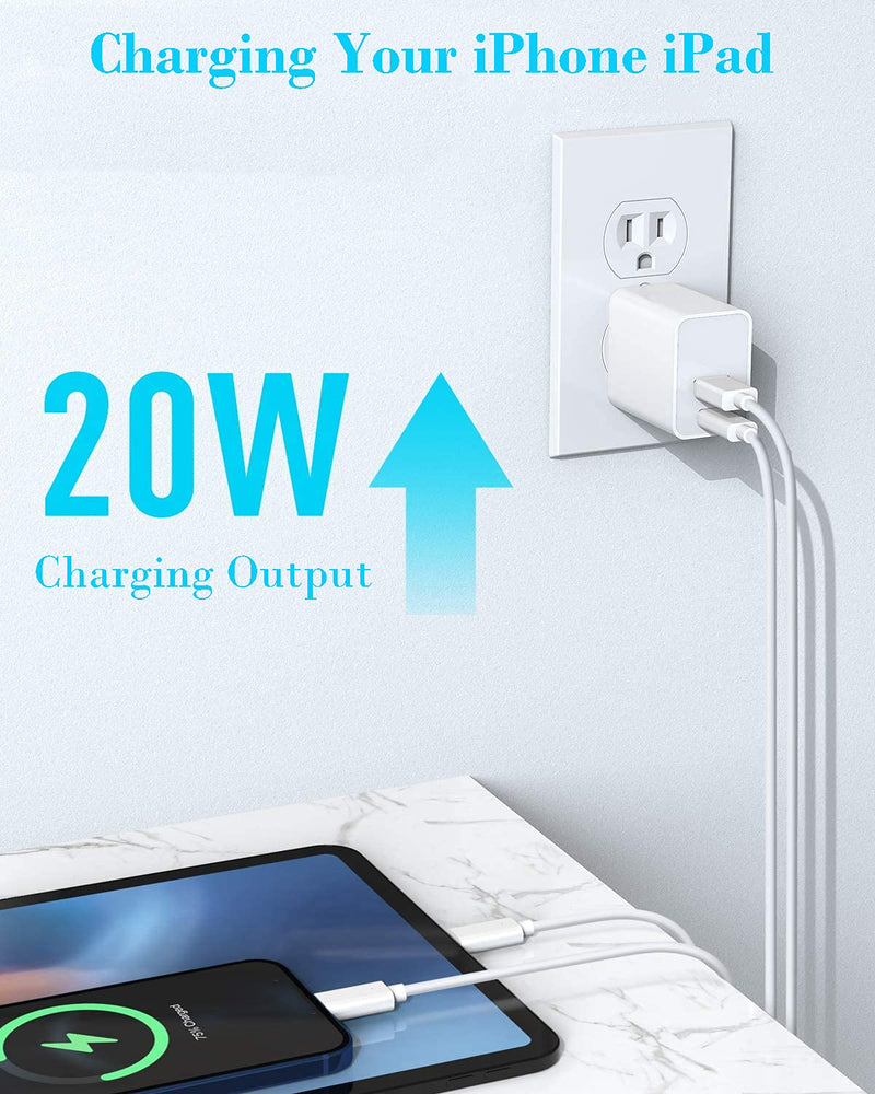 [Australia - AusPower] - [Apple MFi Certified] iPhone Fast Charger, Veetone 20W Dual Port USB C Power Delivery Wall Charger Plug&2Pack 6FT Lightning Cable, PD/QC3.0 Type C Quick Charge for iPhone 13/12/11/XS/XR/X/iPad/Airpods 