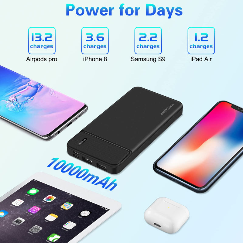 [Australia - AusPower] - 2-Pack 10000mAh Dual USB Portable Charger, AsperX Power Bank Battery Pack with USB C Input, Portable Phone Charger Compatible with iPhone, Android Smartphones and More Black+White 