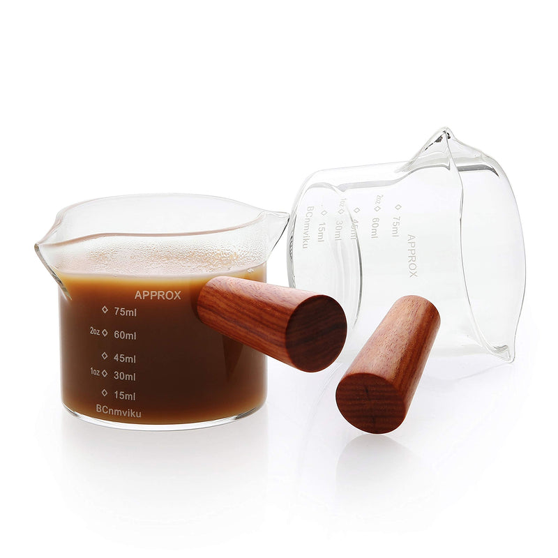 [Australia - AusPower] - 1 Pack Double Spouts Measuring Triple Pitcher Milk Cup with Wood Handle 75ML Espresso Shot Glasses Parts Clear Glass By BCnmviku 1 