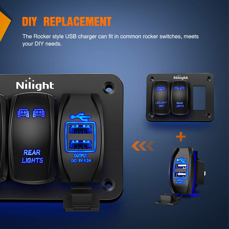 [Australia - AusPower] - Nilight Dual USB Charger 4.2A Rocker Switch Style USB Charger 12V/24V Fast Charge Socket Waterproof Quick Charger for Cars Boats Trucks RVs,2 Years Warranty 