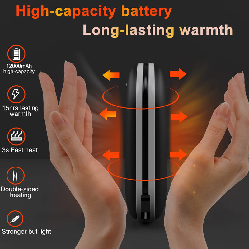 [Australia - AusPower] - 12000mAh Hand Warmers rechargeable & Power Bank 2in1 Battery with charge cable USB Electric Hand Warmer Reusable Portable hot hands Heater Pocket Warmer Handwarmer for Winter outwork Camping Fishing Golf Classic black 