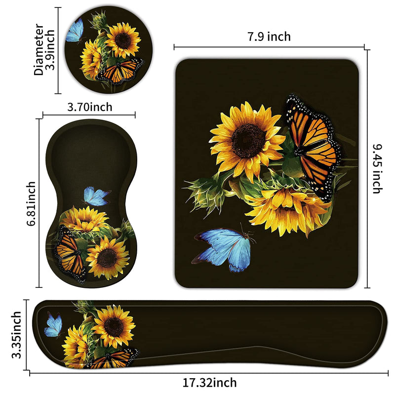 [Australia - AusPower] - Keyboard Wrist Rest + Mouse Pad + Mouse Wrist Rest Support Set + Coaster, Ergonomic Memory Foam Mouse and Keyboard Pad Set for Laptop Computer Office Home Working Gaming, Sunflower Butterfly 