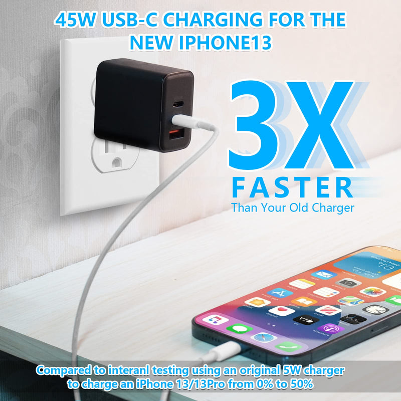 [Australia - AusPower] - USB C Charger Block,3 Port USB C Fast Charger Adapter-45w Wall Charger for iPhone 13/iPhone 13 Pro max/iPhone 12/iPhone 12 Pro max/11/11Pro Max/X Watch/Galaxy S21 S20 Note20 Black 