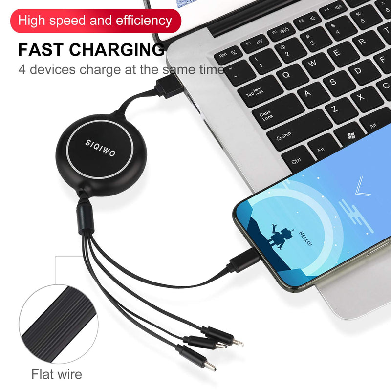 [Australia - AusPower] - SIQIWO 3.7FT Multi Retractable Fast Charger Cord 3A, One-Way Retractable 4-in-1 USB Charging Cable for 2IP Type C Micro USB Compatible with Cell Phones/Tablets/Samsung Galaxy/Google Pixel/Sony/LG/HTC Black 