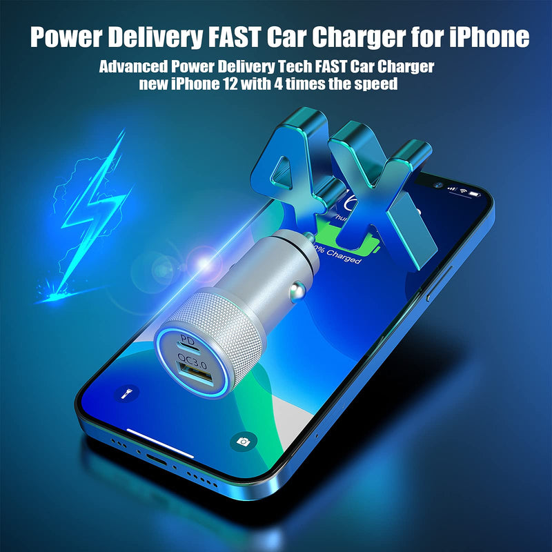 [Australia - AusPower] - [Apple MFi Certified] iPhone Fast Car Charger, Veetone 38W Dual Port USB C Power Delivery All Metal Car Adapter with 2 Pack Lightning Cable, PD/QC 3.0 Type C Rapid Car Charging for iPhone/iPad/Airpods Silver 
