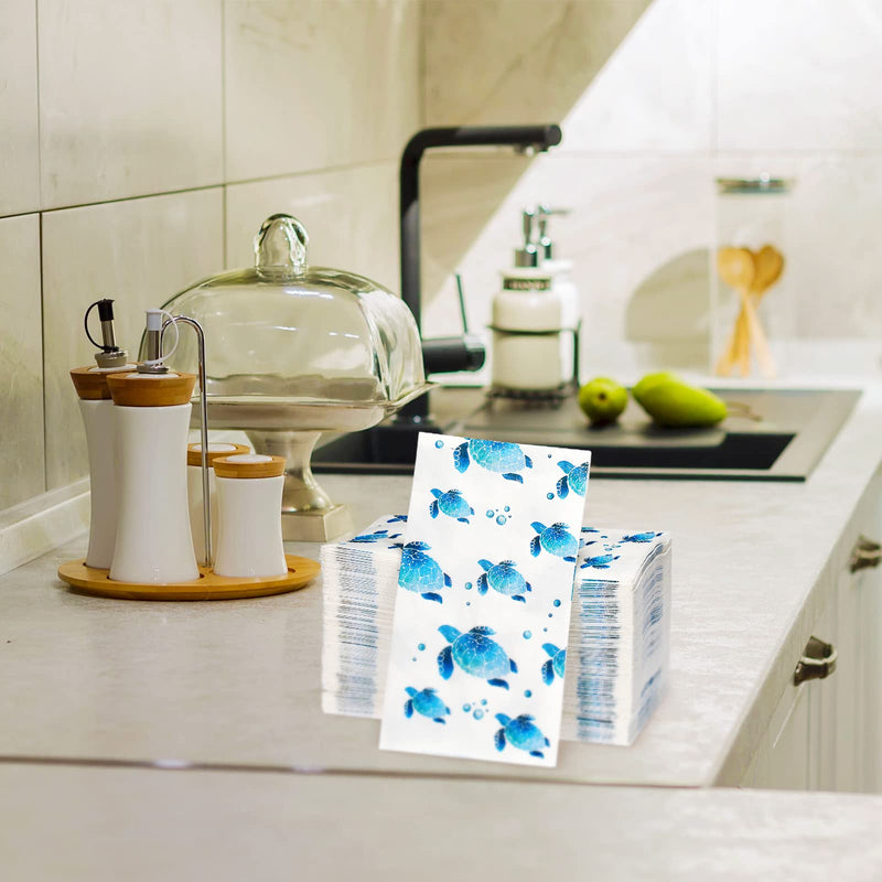 [Australia - AusPower] - 100 Pcs Turtle Disposable Paper Napkins Decorative Soft Guest Towels for Bathroom Kitchen Party Blue Ocean Supplies Sea Decoration Absorbent Napkins for Birthday Holiday Dinner Wedding Baby Shower 