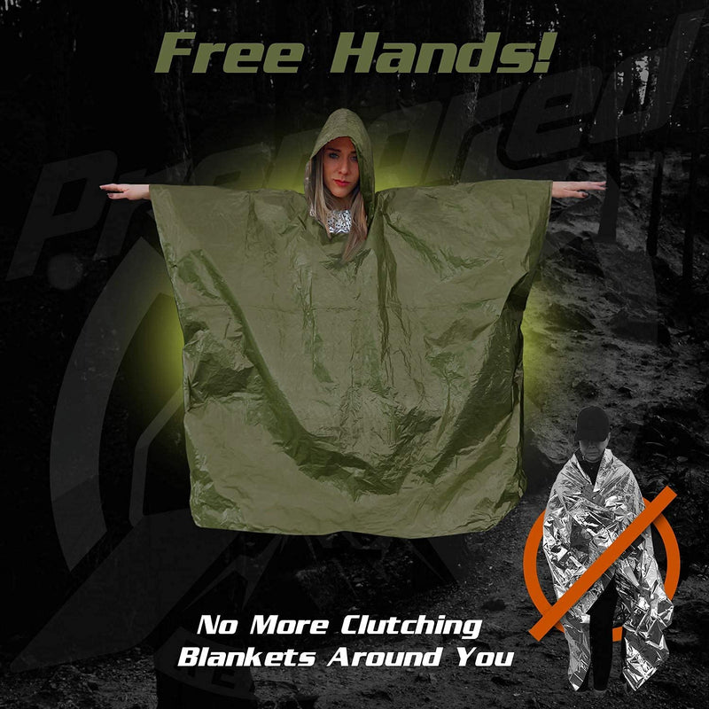 [Australia - AusPower] - Emergency Blankets & Rain Poncho Hybrid Survival Gear and Equipment – Tough, Waterproof Camping Gear Outdoor Blanket – Retains 90% of Heat + Reflective Side for Increased Visibility – 4 Pack (Green) 