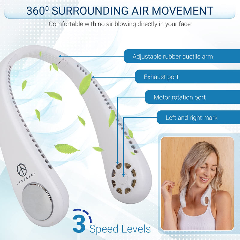 [Australia - AusPower] - Fern & Pax Bladeless Neck Fan – USB Rechargeable Portable Neck Fan with 3 Airflow Levels – Headphone Design Cooling Fan – Wearable Cooling Device with Flexible Rubber Ductile Arm 