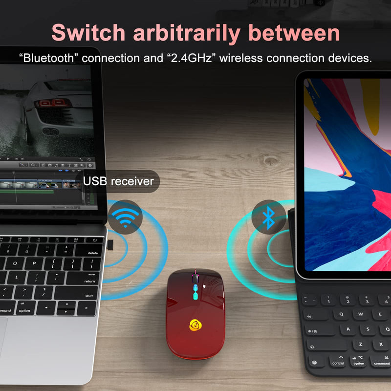 [Australia - AusPower] - LED Wireless Mouse Bluetooth &2.4GHz Instant Connection,Rechargeable Ultra Silent Slim,3 Adjustable DPI 2 Connection Modes with USB-C to USB Adapter for Laptop/MacBook/PC/Tablet/iPad (Black-red) Black-red 