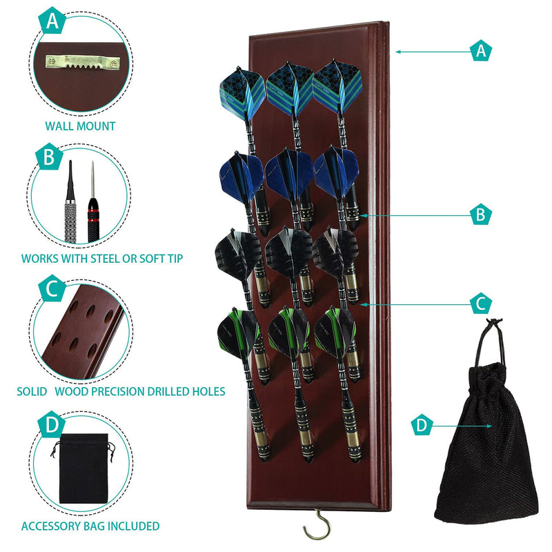 [Australia - AusPower] - Darts Caddy Wall Mounted Darts Holder/Stand/with Metal Hook, Accessory Storage Bag, Displays 12 Set of Steel/Soft Tip Darts Cherry Finished 