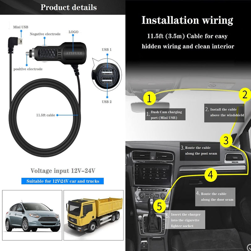 [Australia - AusPower] - Dash Cam Charger GPS Navigator Charger Cable for Mini USB Port Device Dash Cam GPS MP3/MP4 Player Canon Digital Camera PDA Charger for 12V Car and 24V Truck Car Power Adapter Cable (2USB 5V A) 2USB 5VA 