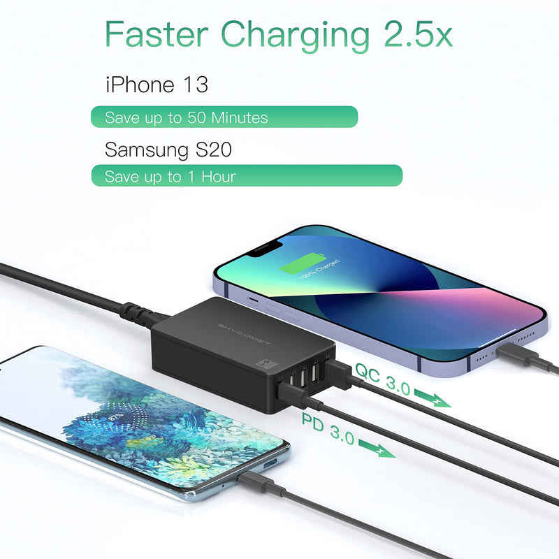 [Australia - AusPower] - USB Charging Station, SKYCOMET 63W PD3.0 & QC3.0 Fast Desktop USB C Charger Station with 5-Port Multi USB Charger Wall Charger Compatible with iPhone 13 Pro Max/12 Mini/MacBook Pro/iPad/AirPods/Galaxy 